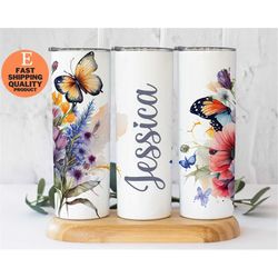 Personalized Floral Watercolor Tumbler, Cute Butterfly Design, Mother's Day Gift Idea, Birthday Gift for Mom, Insulated