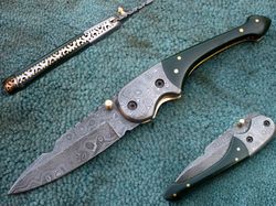 Damascus Folding Knife , Hand Made Damascus Steel Pocket Folding Knife