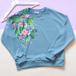 FLORAL women sweatshirt with pansies and lilies of the valley, Custom hand painted sweater with flowers