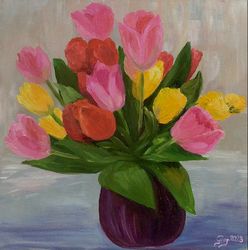 Bright Tulips Painting Oil Painting Original Artwork Flowers Painting Bouquet Tulips Art Colorful Painting