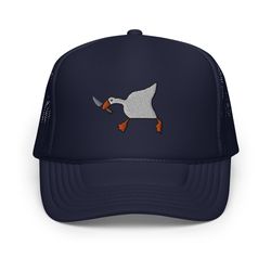 duck with knife meme foam trucker hat, duck with knife meme, murder duck embroidered cap