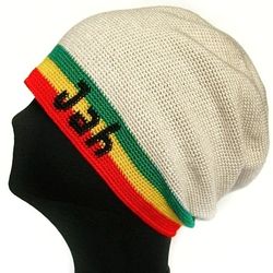 Rasta Hat for Dreadlocks Embroidery JAH. Beige Crochet Cap . Handmade Hand Knitting . Green Yellow Red Reggae style