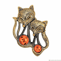 Foxes Animal Brooch Jewelry Fox Brooch Pin Gold Antique Brass and Amber Cute Gift Mom Sister Unique Jewelry Handmade