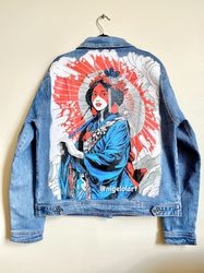 Japanice art  geisha Painted denim jacket Custom jacket Portrait from photo Personalized jacket anime art