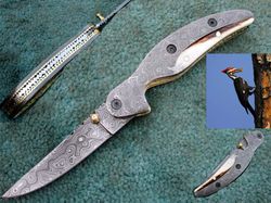 Hand Made Folding Knife , Custom Made Damascus Steel Folding Blade Pocket Knife