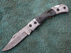 superior hand made damascus steel folding blade knife , damascus pocket knife