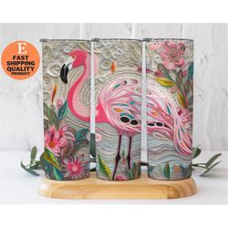Embroidered Flamingo 20 oz Skinny Tumbler Sublimation, Embroidery Flamingo Tumbler, Colorful Tumbler