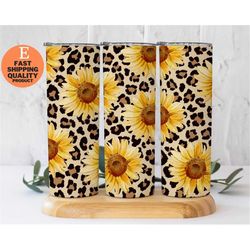 Cute Leopard Sunflower Tumbler for Women, 20oz Skinny Tumbler, Custom Made Handmade Tumbler