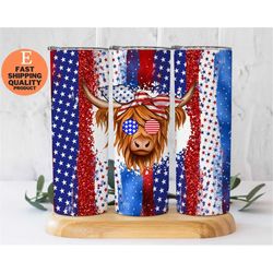 Highland Cow USA July 4th 20oz Stainless Steel Tumbler - Perfect for Patriotic Celebrations, Trendy and Eye Catching Tum