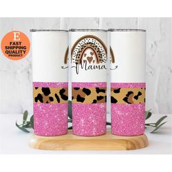 Mama Rainbow Tumbler with Pink Glitter and Cheetah Print, Cheetah Print Mama Tumbler with Pink Glitter, Rainbow Glitter