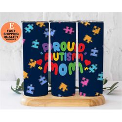 Proud Autism Mom Stainless Steel Tumbler - Colorful Puzzle Pieces Design, 20oz Stainless Steel Tumbler - Proud Autism Mo