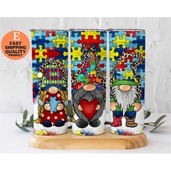 Autism Awareness Gnome Puzzle Tumbler, Insulated Stainless Steel Cup for Awareness, Custom Made Handmade Tumbler