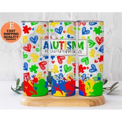 Autism Awareness Glitter Tumbler - Perfect Gift for Autism Supporters, Insulated Stainless Steel Tumbler with Straw