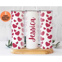 Personalized Cute Glitter Heart Pattern Tumbler, Perfect Gift for Couple on Valentine's Day, Cute Heart Mug, Custom Made