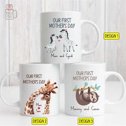 Custom Woodland Mommy and Baby Animals Elephant, Sloth, Dino, Giraffe Mug, Baby Shower Mug, Our First Mother's Day Mug,