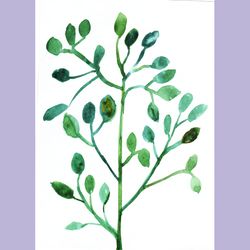 Watercolor green leaves tree sketching wall decor // botanical greeny tree painting sketch art print