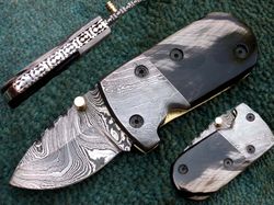 Hand Forged Folding Knife , Superior Custom Hand Made Damascus Steel Folding Knife , Mini Pocket Knife