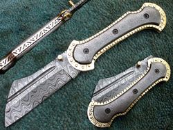 Superior Hand Made Damascus Steel Unique Folding Knife , Folding Blade Knife
