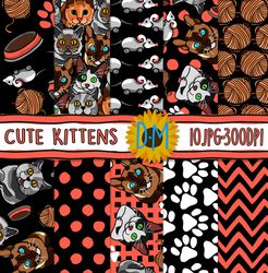 Cat seamless pattern, Cute Kittens Paper set for scrapbooking and crafting, Cats Background