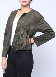Women Long Sleeve Tassel Suede Leather Irregular Short Coat