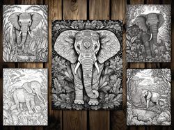 Elephant In Jungle Coloring Pages - Grayscale Coloring Pages - Elephant Coloring Books - Elephant Coloring Pages