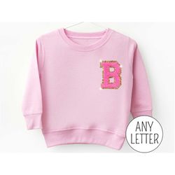 kids embroidered sweatshirt personalized with initial, chenille patch custom toddler sweatshirt toddler girl gift crewne