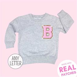 chenille patch sweatshirt, embroidered crewneck toddler girl gift ideas, personalized crewneck pullover for girls light