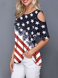 Women's Clothing,Cold Shoulder Flag Print T-Shirt, Casual Crew Neck Short Sleeve T-Shirt For Spring & Summer,