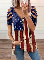 Women's Clothing,American Flag Print T-Shirt, Cold Shoulder Short Sleeve Casual Top For Summer & Spring,