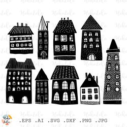 Houses Svg, Houses Cricut, Stencil Template Dxf, Cricut Svg, Linocut Printable, Scandinavian Style, Clipart Png