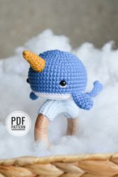 Narwhal baby rattle easy crochet pattern, crochet whale or unicorn fish diy instruction