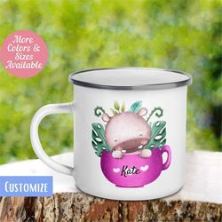 Baby Hippo in Cup Mug, Personalize Custom Name Mug, Cute Mug for Kids, Camping Mug, Hot Chocolate Mug, Cute Colorful Cup
