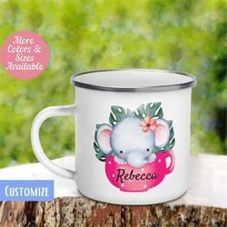 Elephant in Cup Mug, Personalize Custom Name Mug, Cute Mug for Kids, Camping Mug, Hot Chocolate Mug, Cute Colorful Cup,