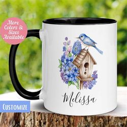 Birdhouse Mug, Personalized Birdhouse Name Mug, Custom Name Mug, Bird Lover Coffee Mug, Nature Lover Gift, Cute Colorful