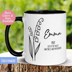 May Birth Flower Mug Personalized, Lily of Valley Floral Mug, Custom Name Mug, Gift for Women, Birthday Coffee Mug, Tea