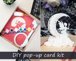 DIY Fairy on the moon pop-up card kit | DIY pop-up card kit | Set of 5 packs | pre-cut pop-up card | Paper Soul Craft