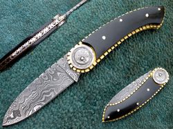 Damascus Steel Folding Knife , Custom Hand Made Damascus Pocket Knife