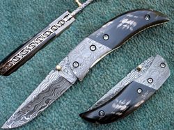 8" Custom Hand Forged Damascus Steel Folding Knife , Hand Made Pocket Knife
