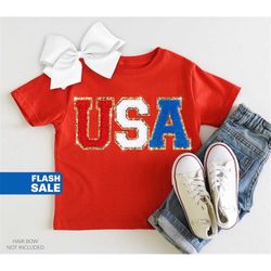 Toddler Girls 4th of July Shirt, Chenille Patch Shirt, Kids July 4th Tshirt, Glitter USA Shirt plus size independence da