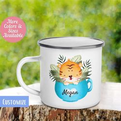 Tiger in Cup Mug, Personalize Custom Name Mug, Cute Mug for Kids, Camping Mug, Hot Chocolate Mug, Cute Colorful Cup, 434