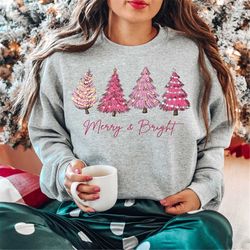 Pink Christmas Tree Sweatshirt, Minimalist Christmas Shirts, Vintage Christmas Sweater, Retro Crewneck