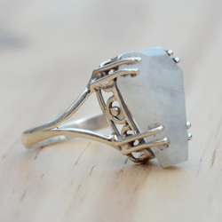 Rainbow Moonstone Ring Sterling Silver, Coffin Moonstone Women Ring, Coffin Gemstone Ring, Unique Valentines Gift Women