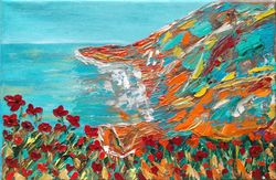 Mountain, sea and poppies landscape poster Oil impasto painting