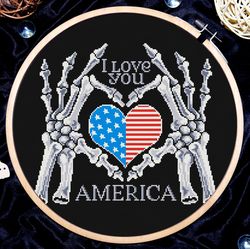 Gothic cross stitch pattern, Skeleton hands cross stitch, Cross stitch quote, I love you America, Digital PDF