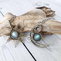 sun and moon necklace set. wire wrapped necklaces with labradorite beads.