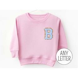Personalized Kids Embroidered Sweatshirt with Chenille Patch Initial, Toddler Girl Gift Ideas, Custom Crewneck for Girls