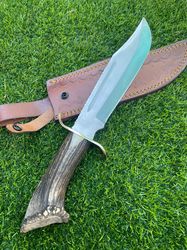 Handmade D2 steel bowie knife with crown stag handle. Best men's gift.