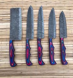 Handmade damascus steel beautiful chef knives set with pakka wood handle. Best gift, handmade gift