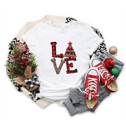 Love Christmas Tree Buffalo Plaid Leopard, Matching Family Christmas Shirts, Santa Shirt, Women's Christmas Shirt, Chris