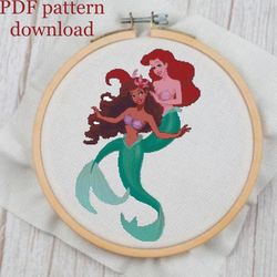 Little Mermaid Cross stitch Pattern, Modern Easy embroidery, Live action cartoon princess